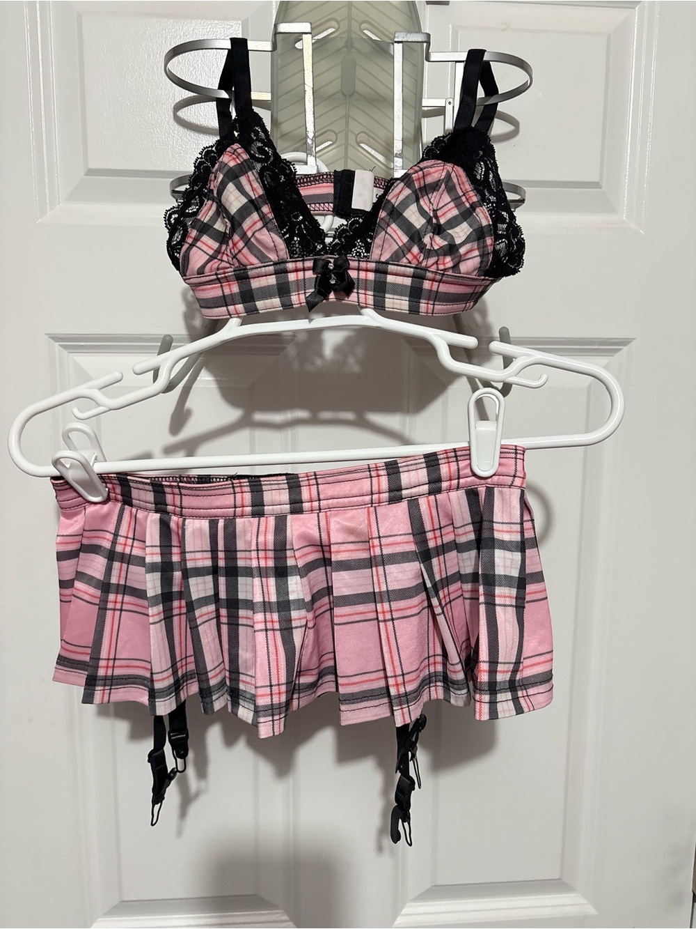 Pink Plaid Pleated Mini Skirt with Garter Straps - Unbranded